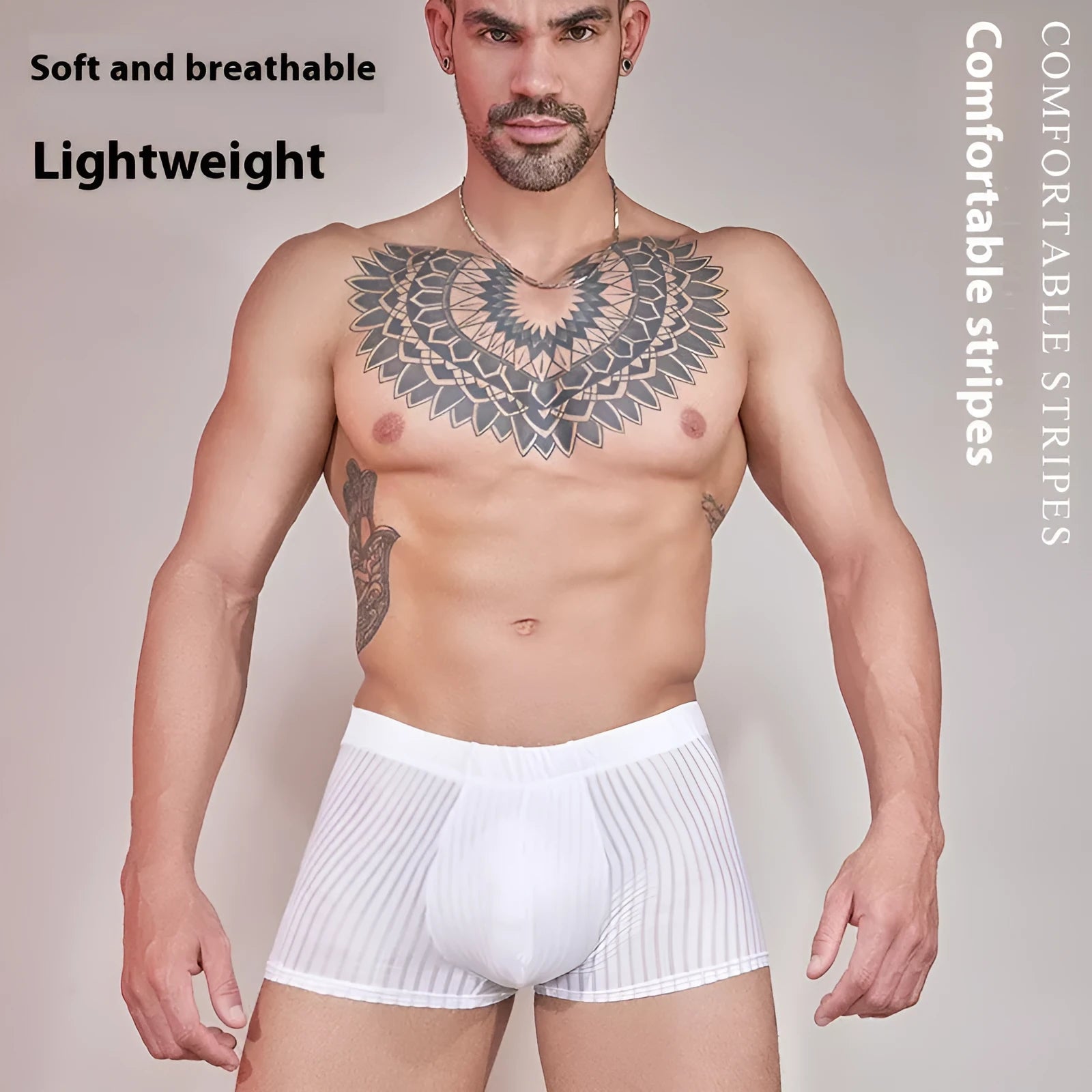 Men's thin striped nylon underwear in black, white, and dark grey colours.