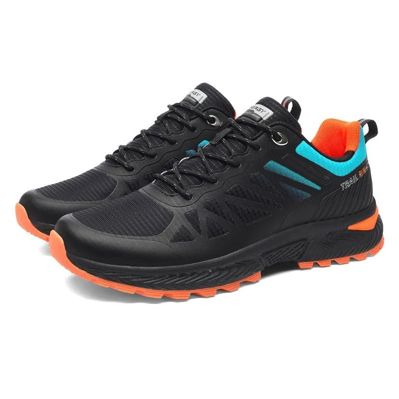 Men's black and orange breathable mesh running shoe with lace-up front on a flat heel.