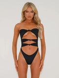 Women's hollow-out one-piece swimsuit in nylon fabric showing front design detail