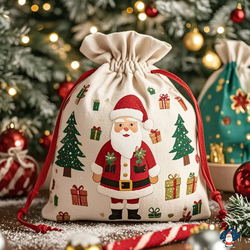 Extra-large Christmas gift bag in red canvas with Santa Claus string closure, 48cm by 65cm