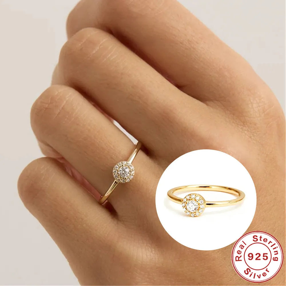 18K gold plated silver ring with round moissanite stone in geometric rounded-corner design, available in sizes No 5 to No 8