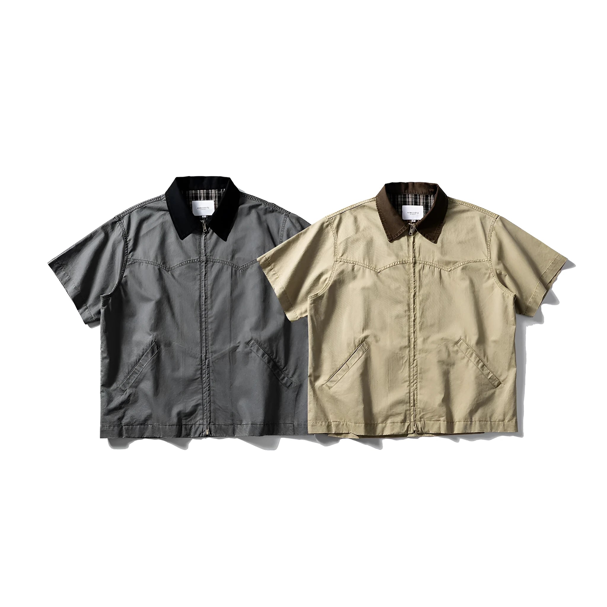 Men's washed cotton overalls shirt with short sleeves in loose cardigan style