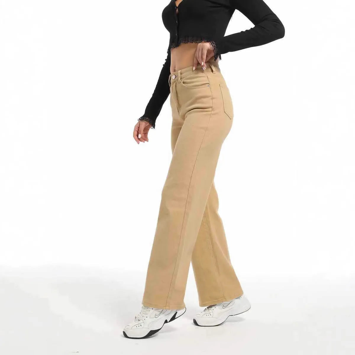 Women's apricot high-waist wide-leg jeans made from stretch cotton, laid flat.