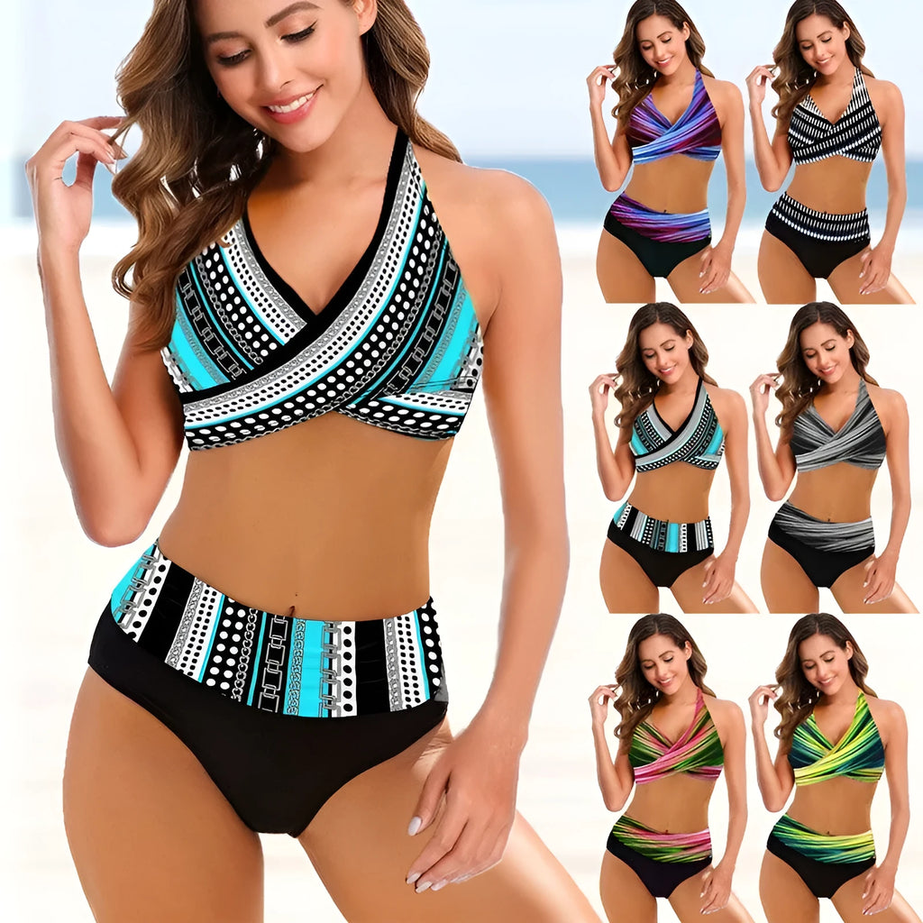 Ladies striped tie-dye bikini set with hollow back and high-waisted briefs on a mannequin.
