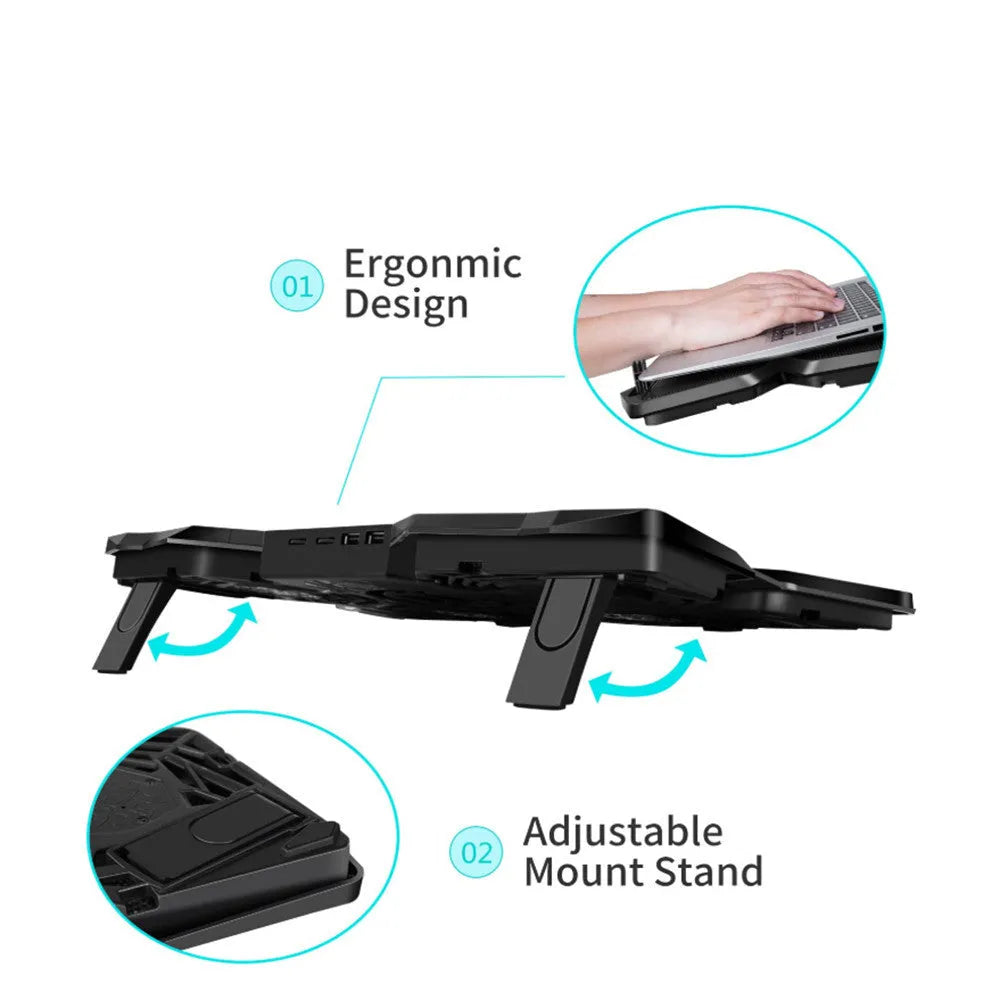 Blue LED desktop cooling base with four fans and USB ports for PC temperature control