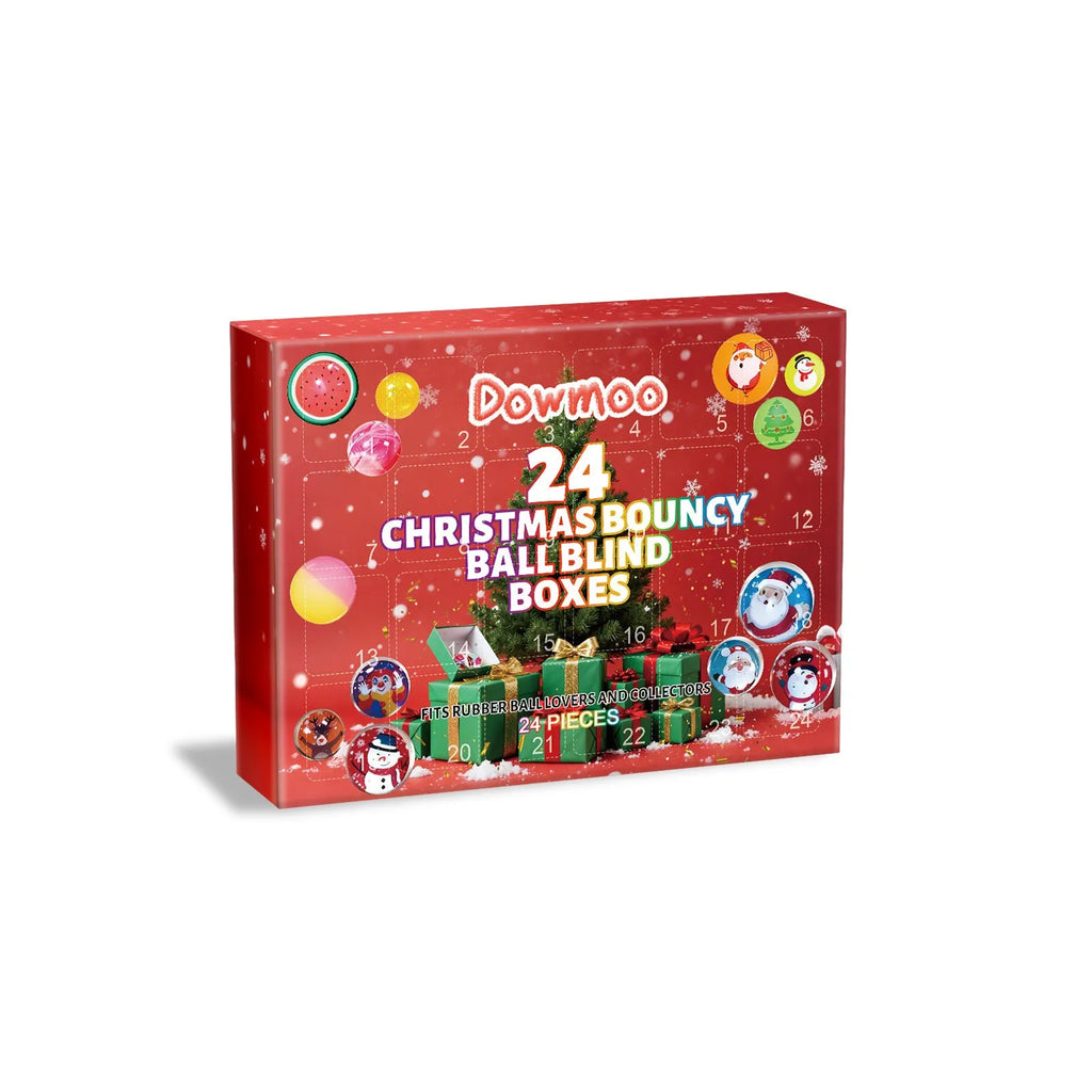 24 Christmas bouncy ball blind boxes in assorted festive designs, packaged in individual sealed boxes.