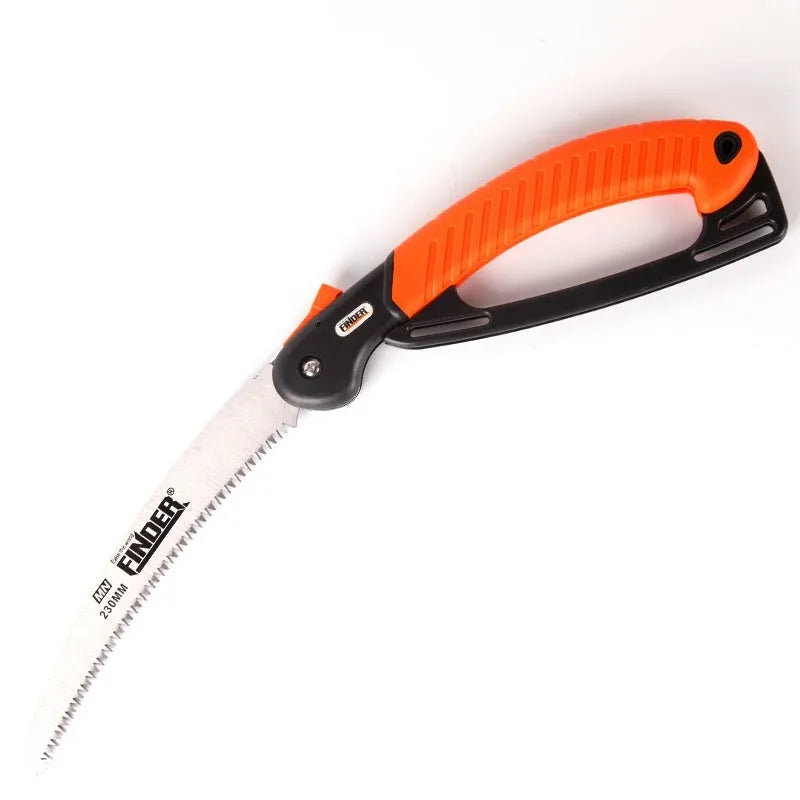 A folded garden hand saw with a TPR grip and a 9-inch 65MN steel blade.