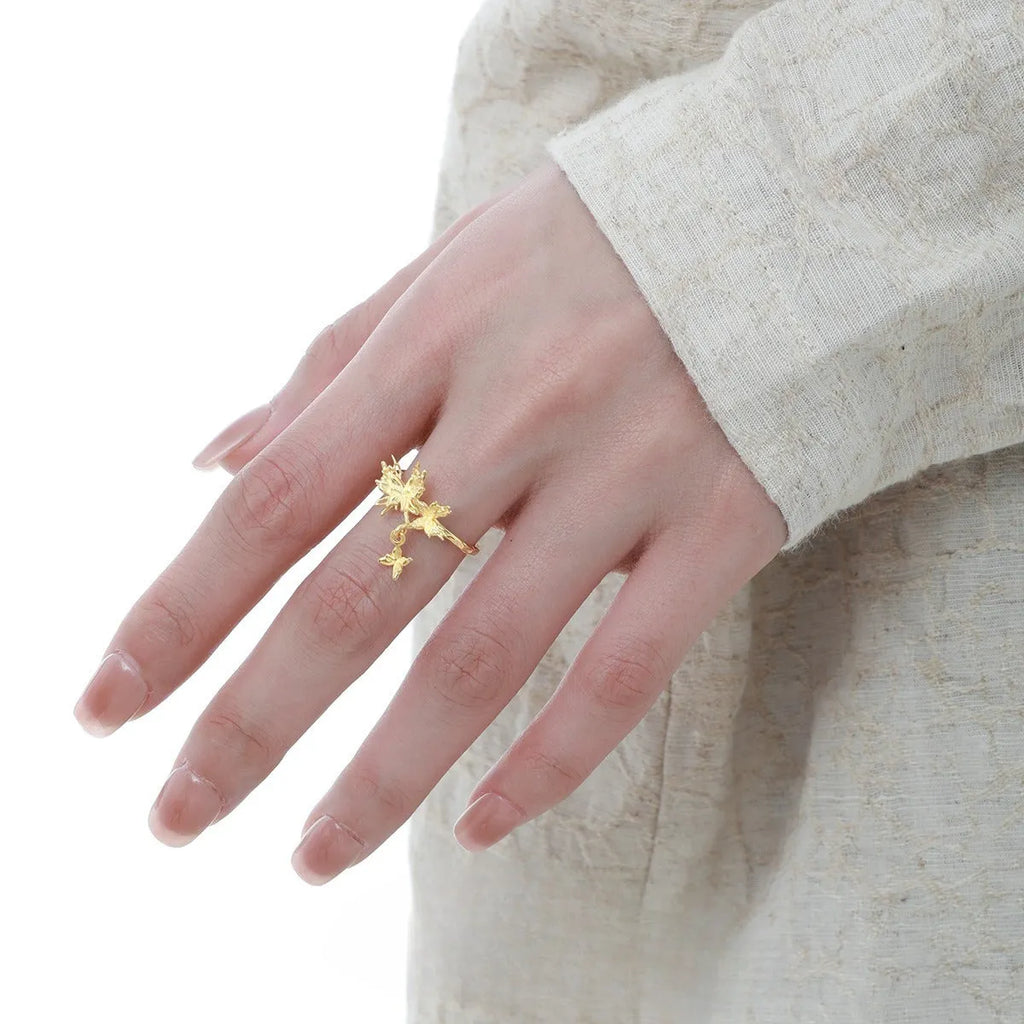 Adjustable silver butterfly ring with electroplated gold finish