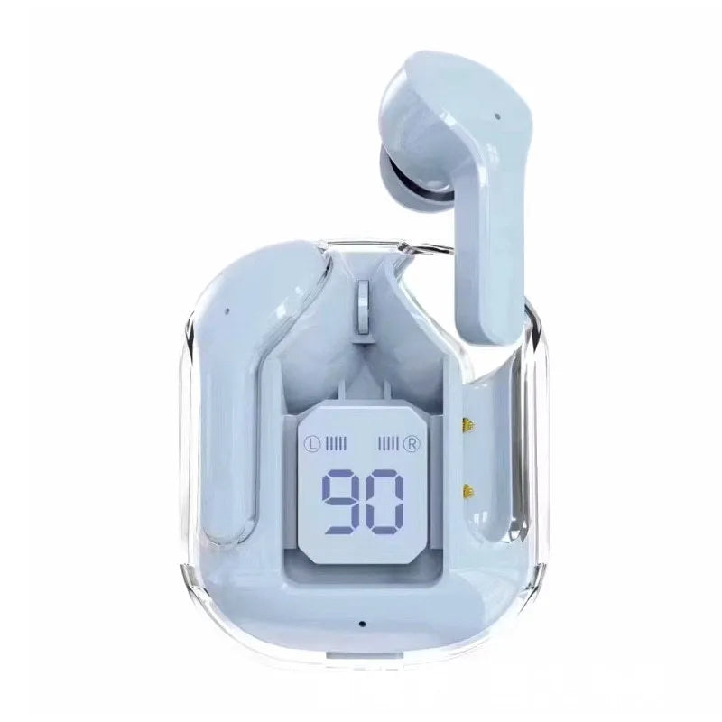 Transparent space capsule case containing white Bluetooth earbuds with a digital battery display.