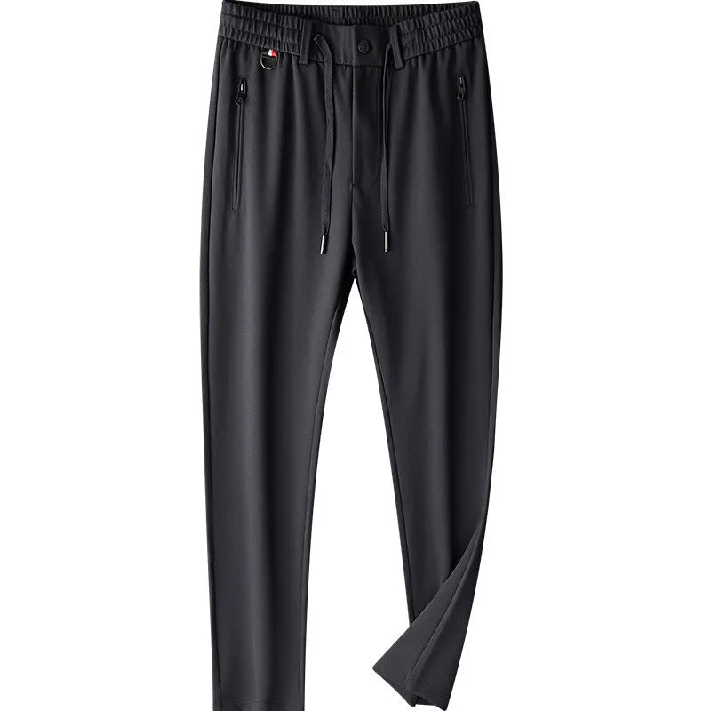 Men's loose straight business trousers in solid color gray with drawstring waist and straight leg