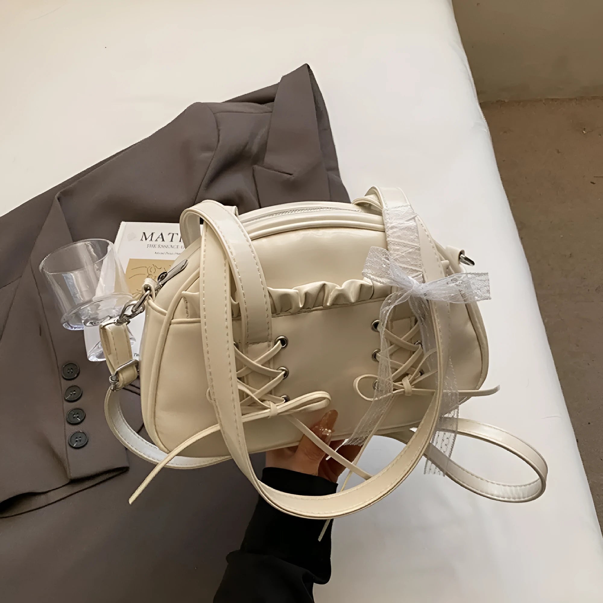 Women's bandage bow PU leather shoulder handbag with mobile phone pocket in milky white