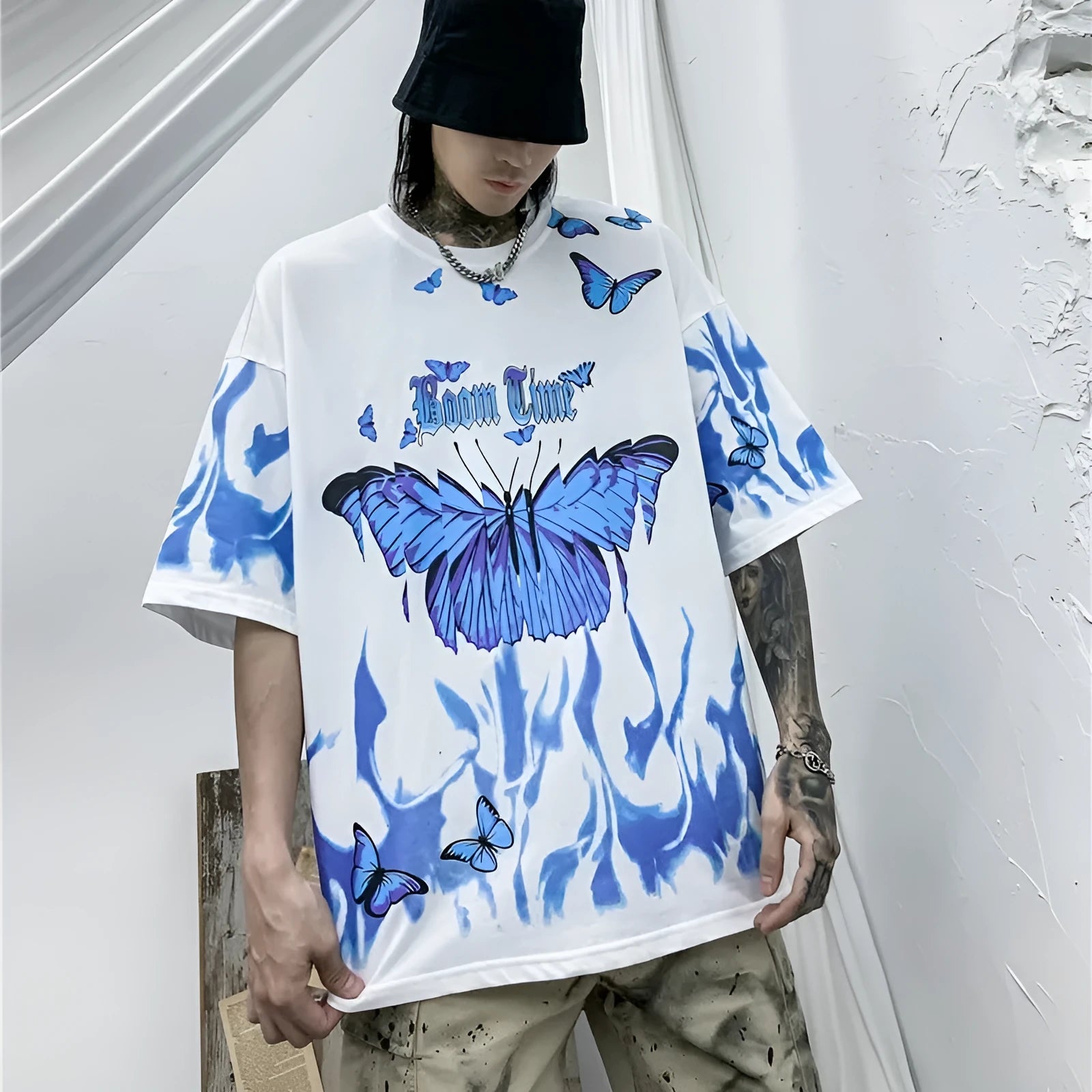 Tide short-sleeved butterfly T-shirt for men in black and white, cotton fabric, casual fitness wear