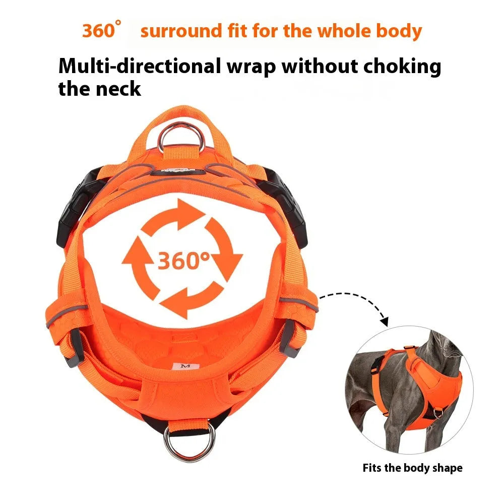 Reflective dog harness vest in orange with handle and round rope, Oxford cloth construction