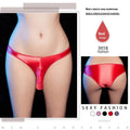 Men's low waist T-back underwear in shiny nylon fabric on a colour swatch showing black, grey, pink, red and white.