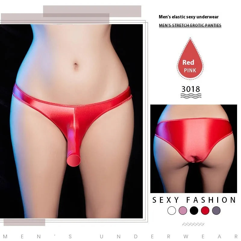 Men's low waist T-back underwear in shiny nylon fabric on a colour swatch showing black, grey, pink, red and white.