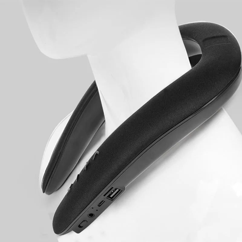 Blue neck-mounted U-shaped Bluetooth sports speaker worn around neck for hands-free audio during running