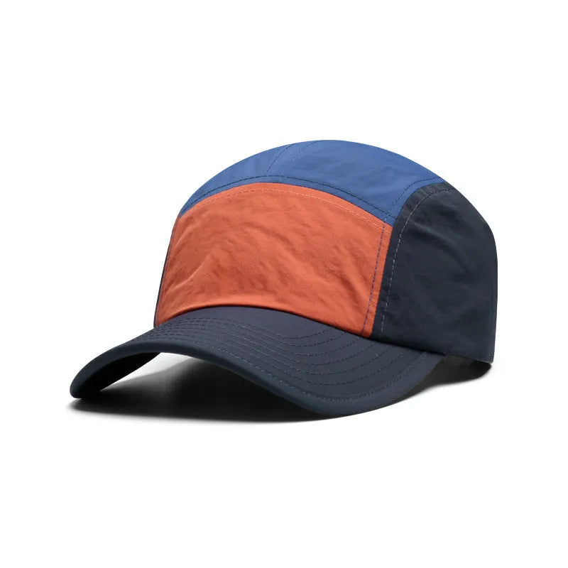 Men's quick-drying cotton-polyester baseball cap with curved brim in khaki, green, orange, and yellow colours.