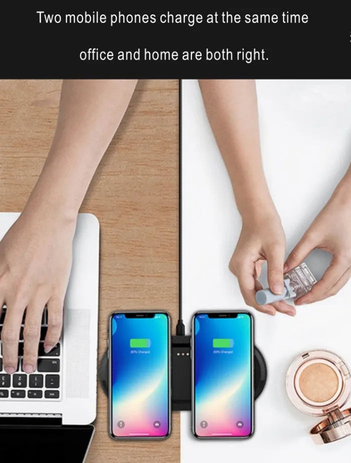 Black and white dual wireless charging pad for two phones with separate fast-charging coils