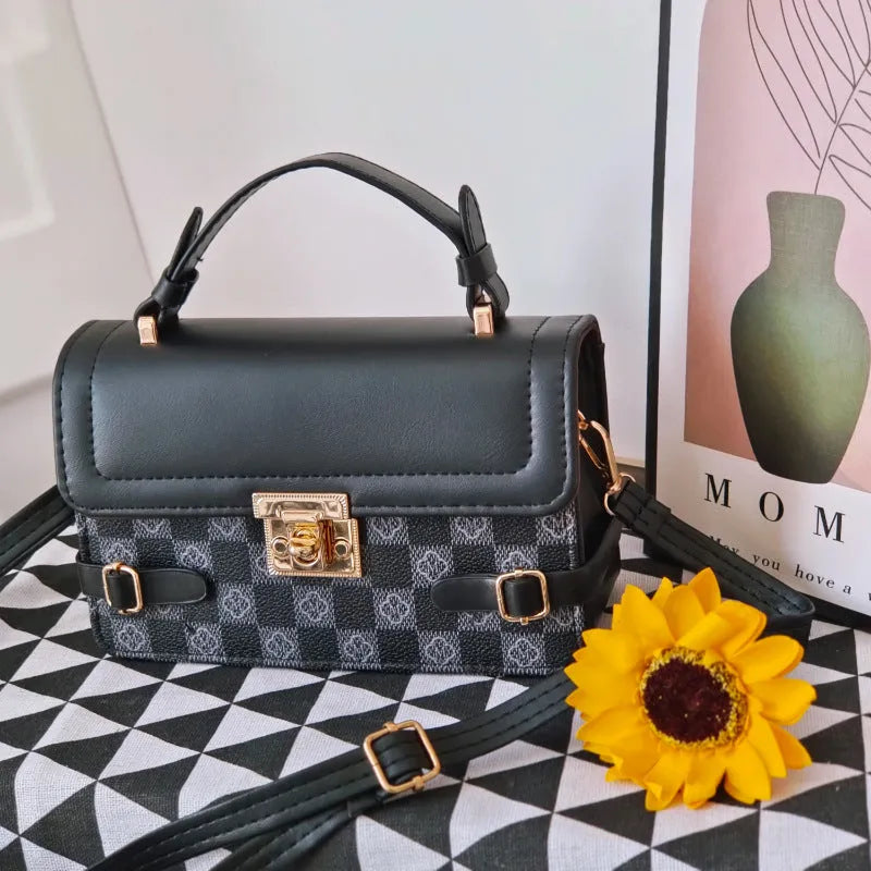 Retro ethnic pattern square crossbody bag in PU shown in apricot colour, featuring floral and plaid details.