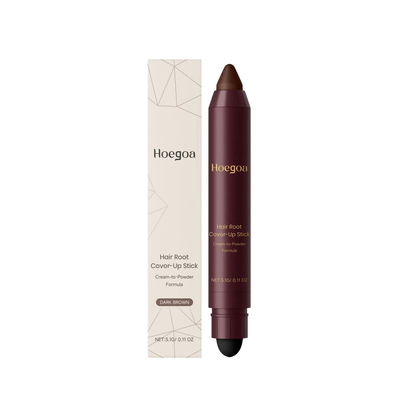 Hair root cover-up cosmetic stick in black and dark brown colour options.