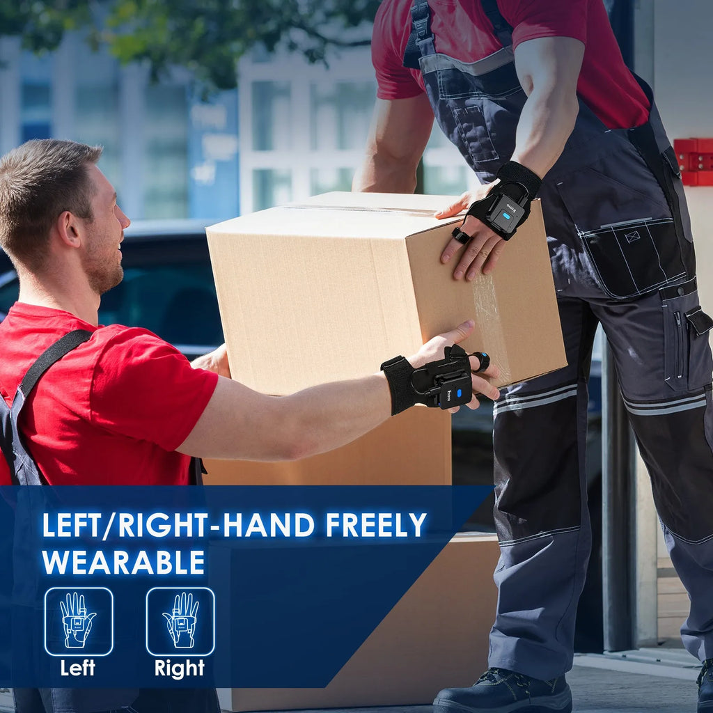 Wearable barcode scanner gloves with wrist-mounted design and Bluetooth wireless connectivity
