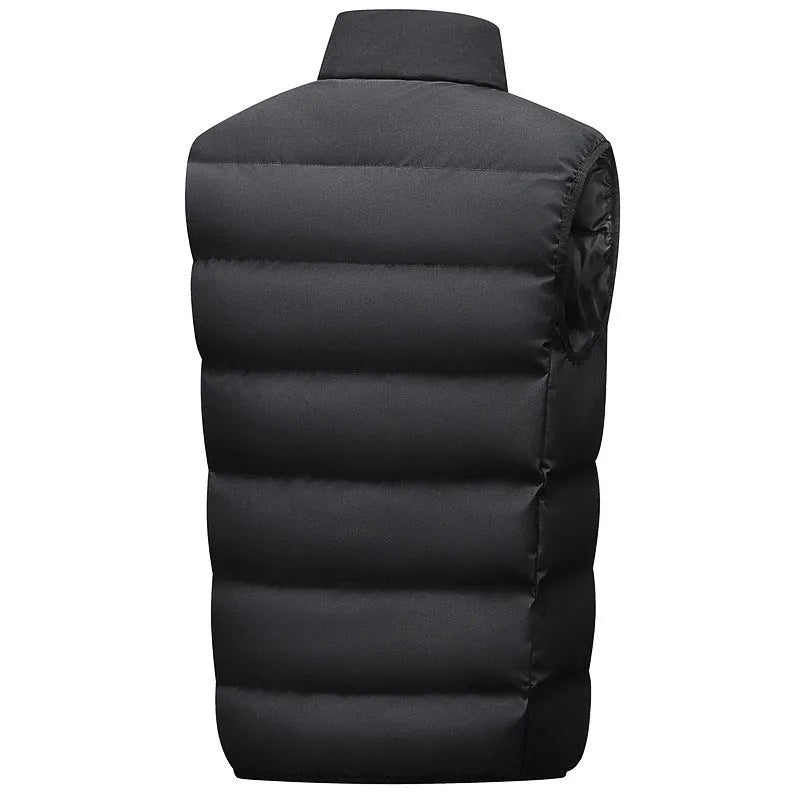 Men's casual waterproof polyester vest in black with straight hem, shown on model