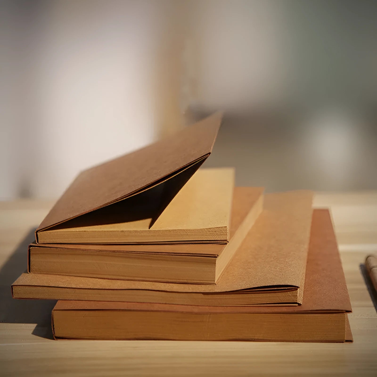 Brown kraft paper sketchbook open flat showing textured drawing pages and wireless binding.