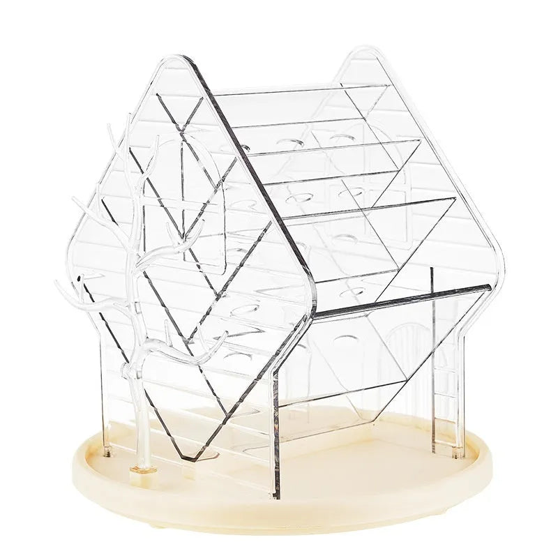 Clear and Amber Gold rotating plastic cosmetics storage box on a countertop