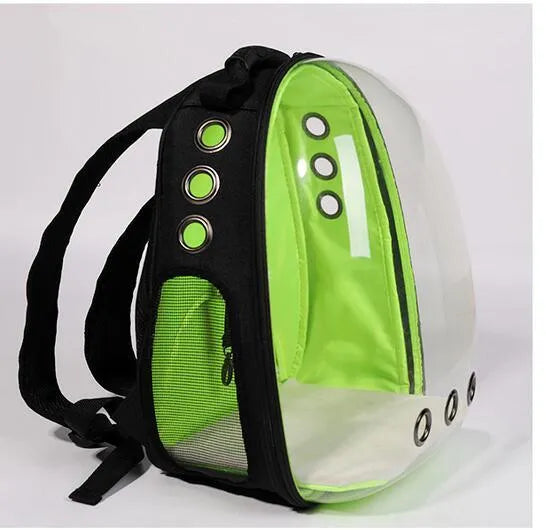 Transparent plastic pet backpack in solid colour with pet inside, available in yellow red green blue and more shades