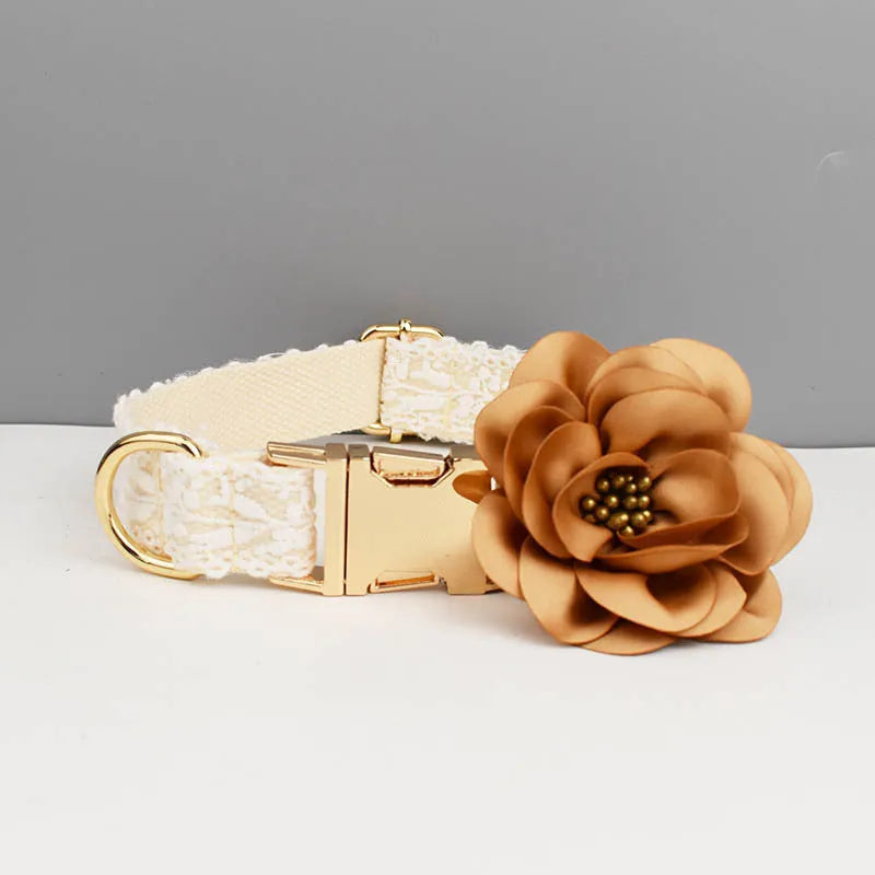 Leaves and lace pattern dog wedding collar and leash set with vest and floral accessories on a white background.