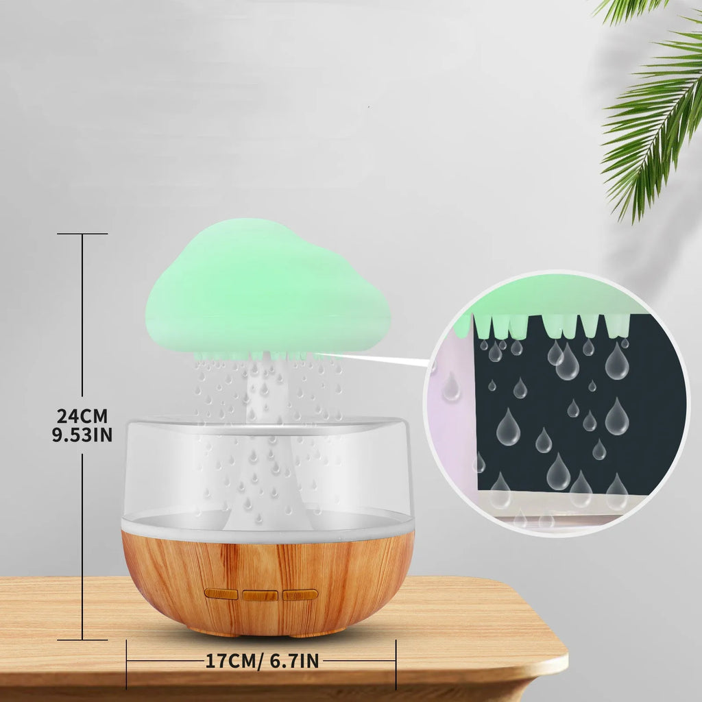 White cloud-shaped humidifier with colour-changing night light and USB cable.