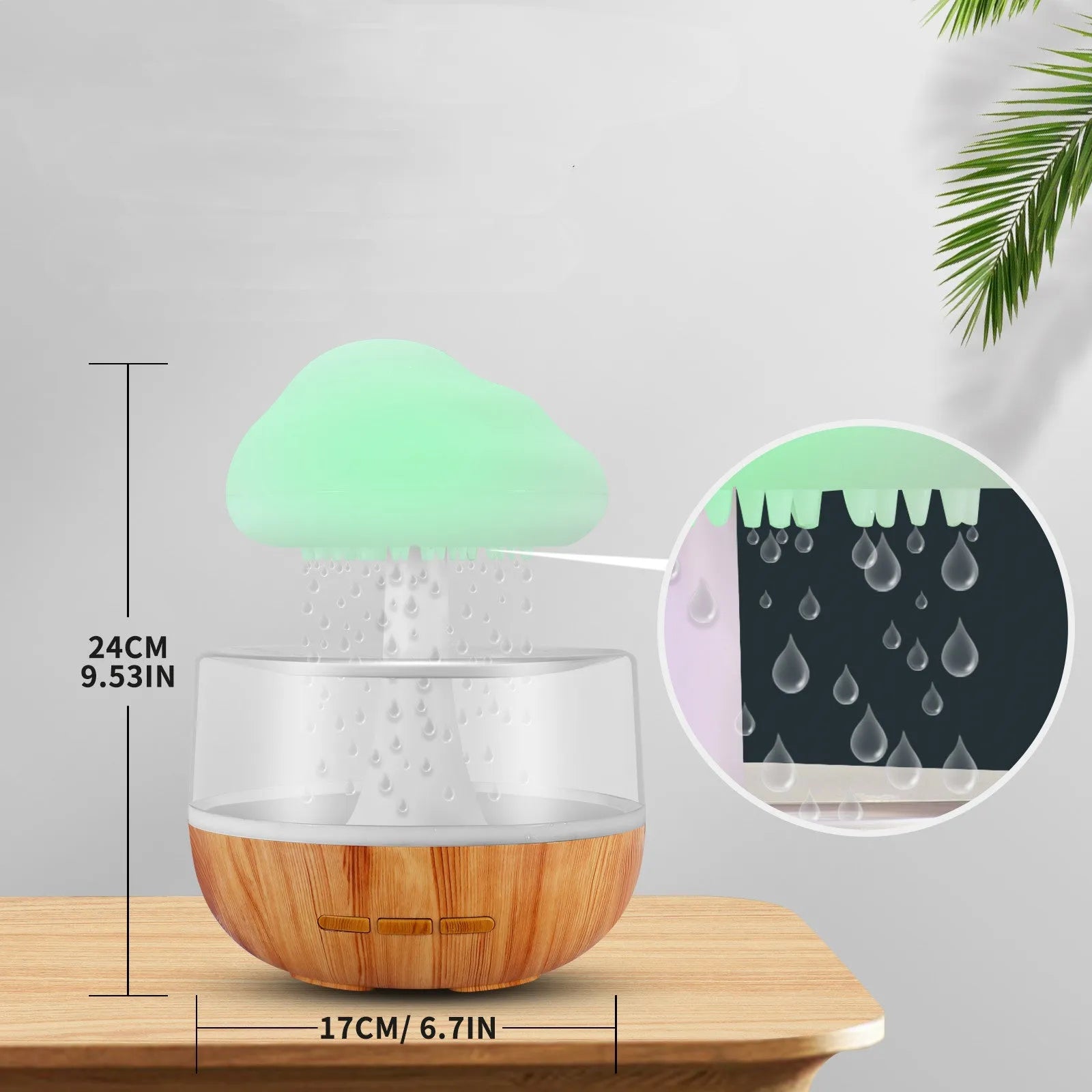 White cloud-shaped humidifier with colour-changing night light and USB cable.