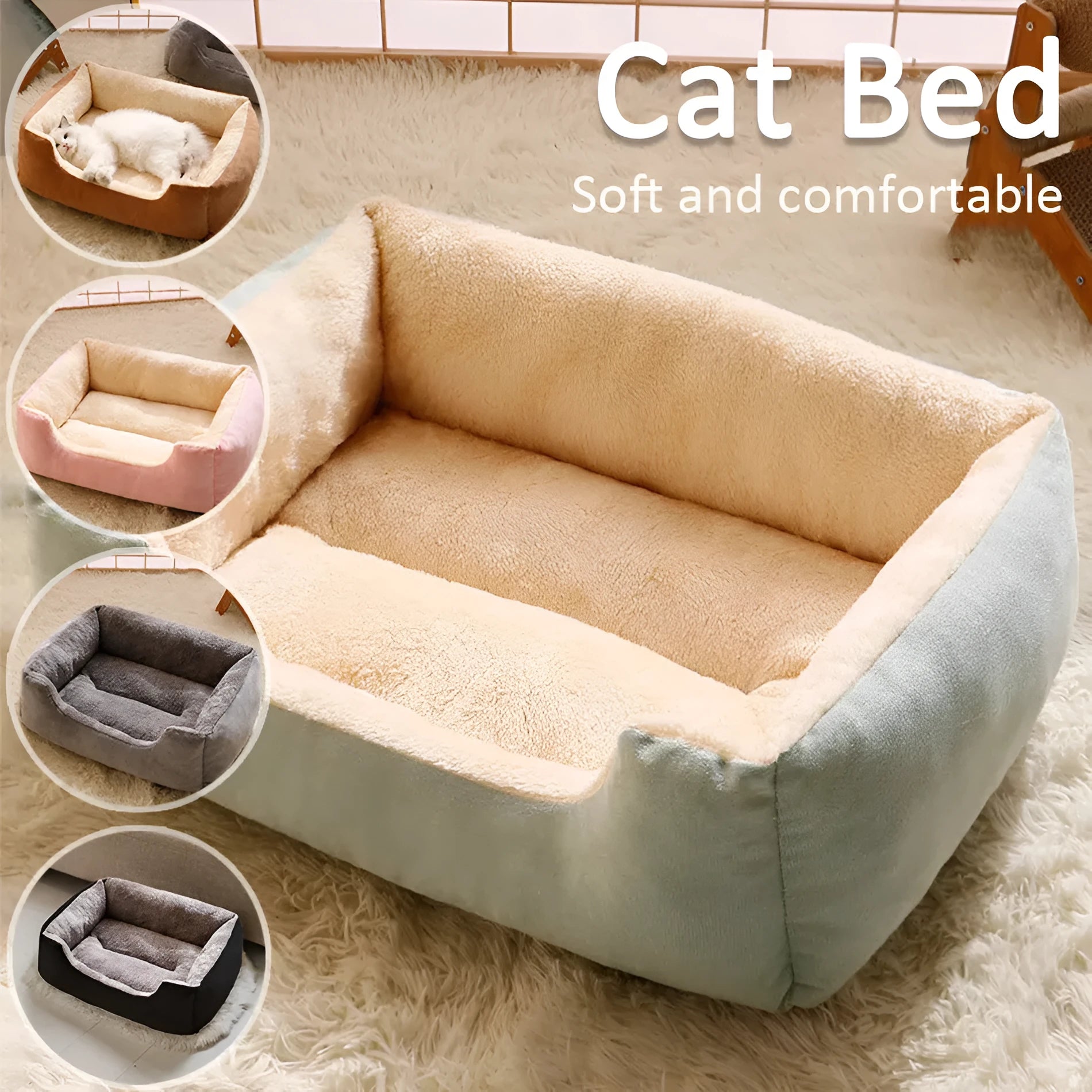 Short plush pet cushion bed for cats and dogs in grey colour, shown in L size 60x45 cm.