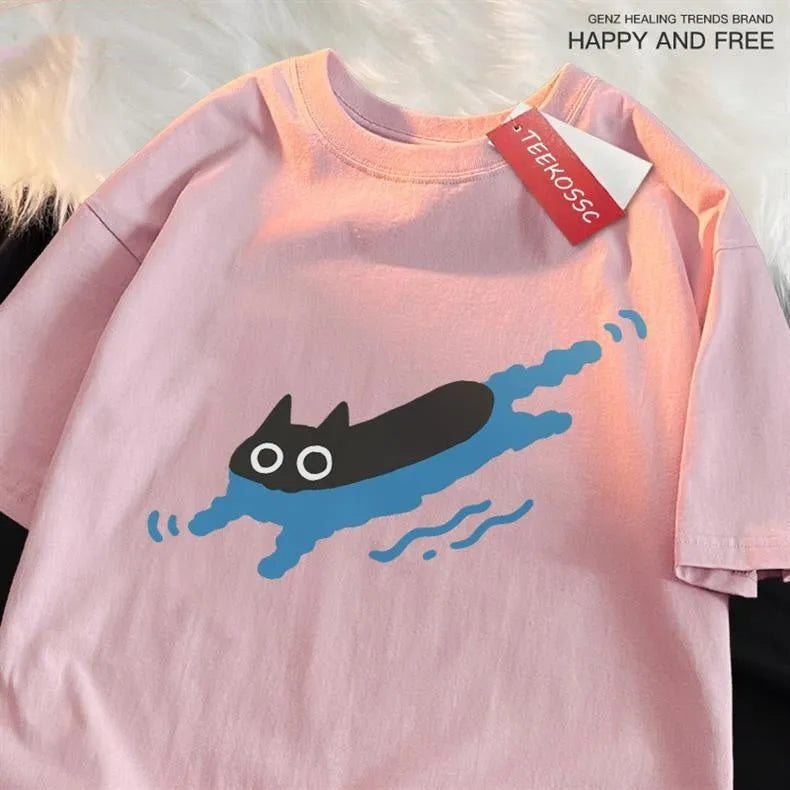 Plus size black t-shirt with a Diving Black Cat graphic print on the front