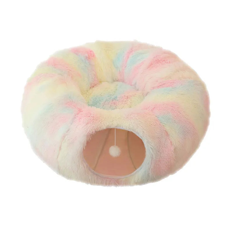 Plush collapsible cat bed with tunnel, non-slip base, and removable washable cushion for indoor pets