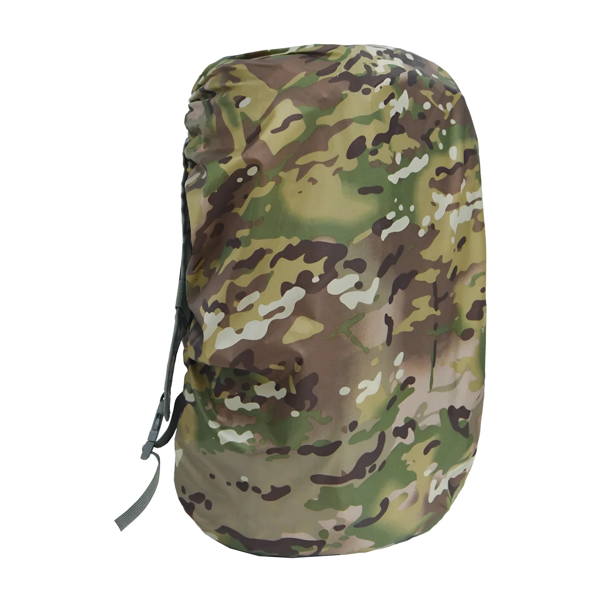 Waterproof backpack rain cover in army green, shown fitted over a large hiking pack.