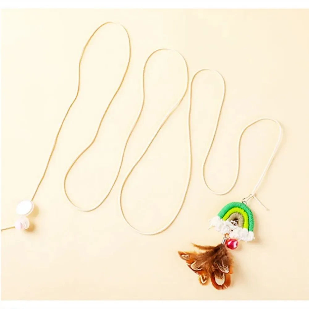 Feather cat rope door hanging toy with elastic swing and sticky buckle clamp in blue, green, or pink colours