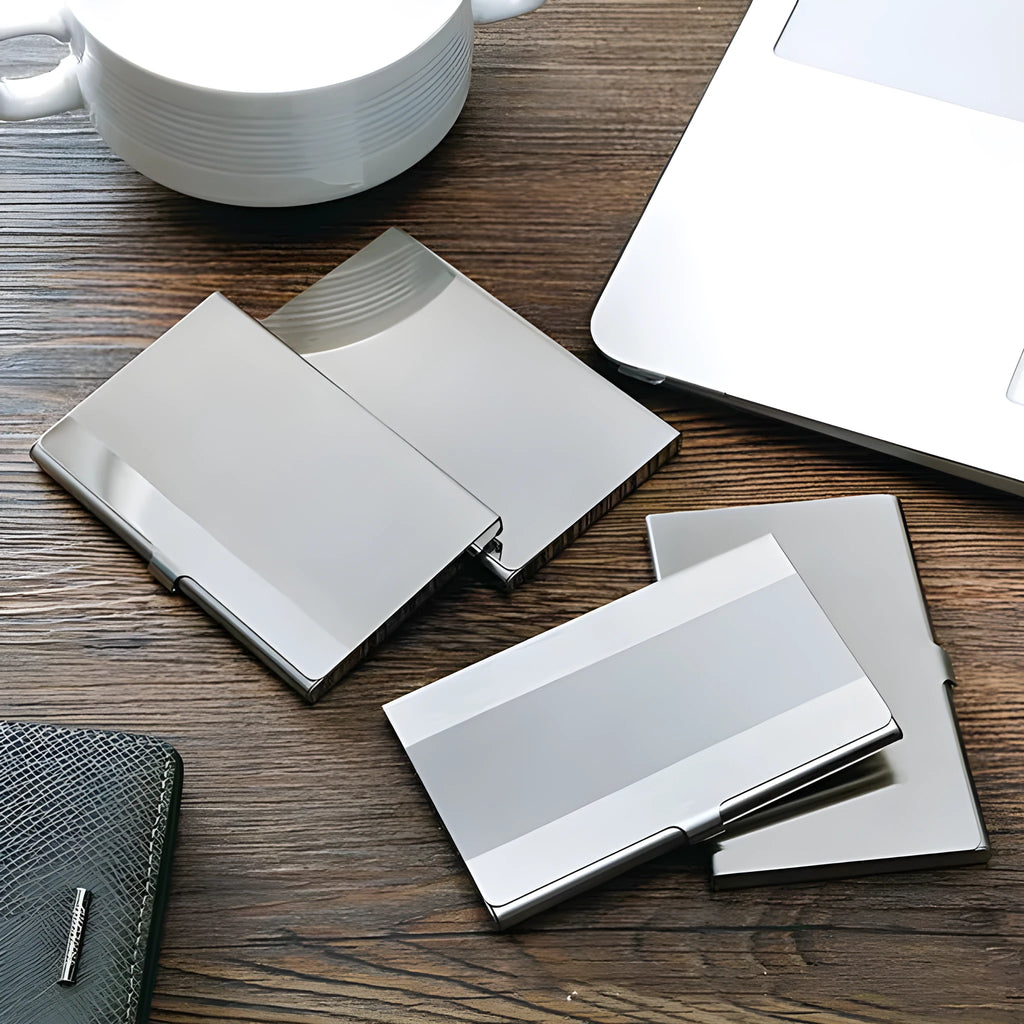304 stainless steel business card case with geometric design and laser sculpture surface finishes