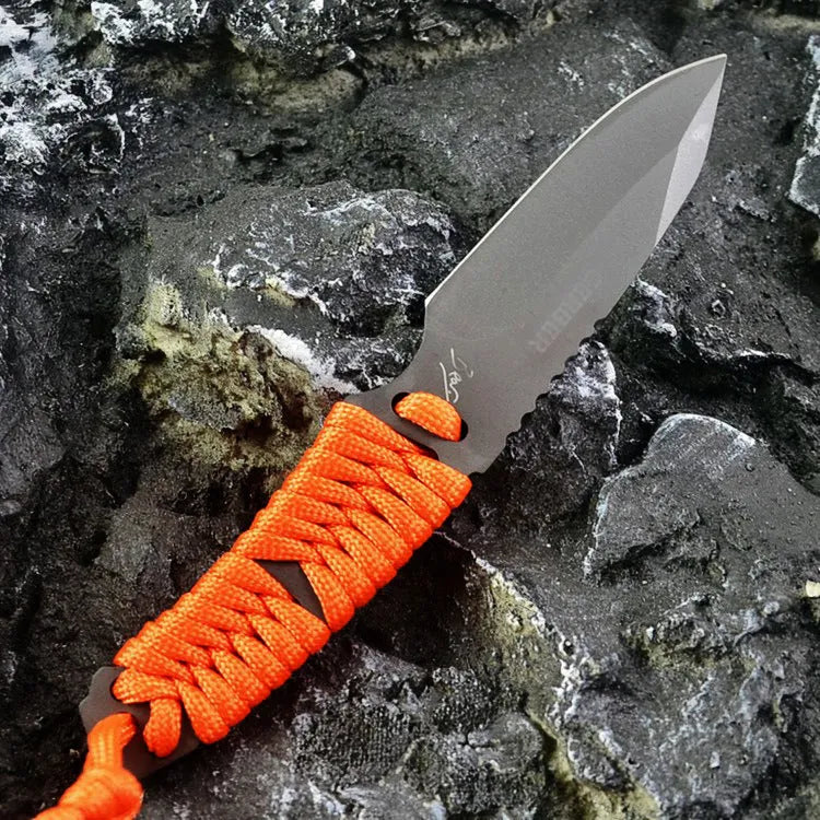 Outdoor straight survival knife with rope-wrapped handle and black ABS plastic sheath