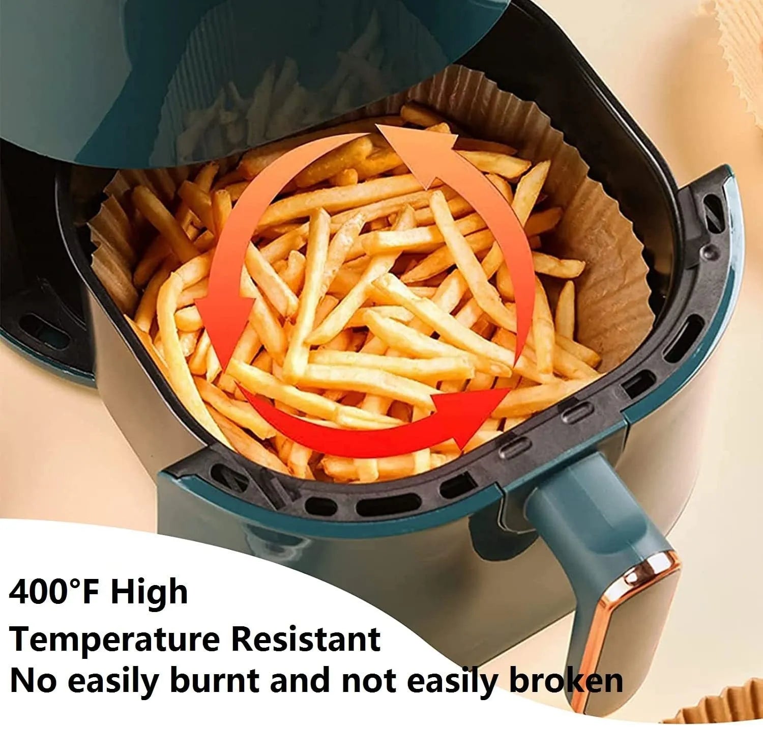Pack of white round disposable paper liners for air fryer with 4.5cm high edge