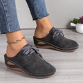 Women's black baotou lace-up slippers with hollow out wedge and suede upper on a rubber sole