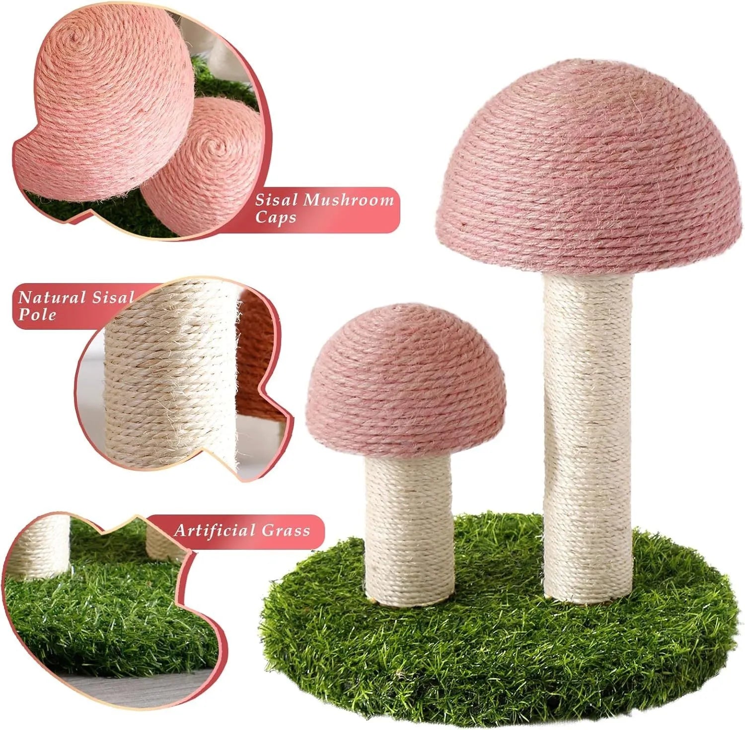 Pink mushroom-shaped cat scratching post with natural sisal cap and pole for small cats