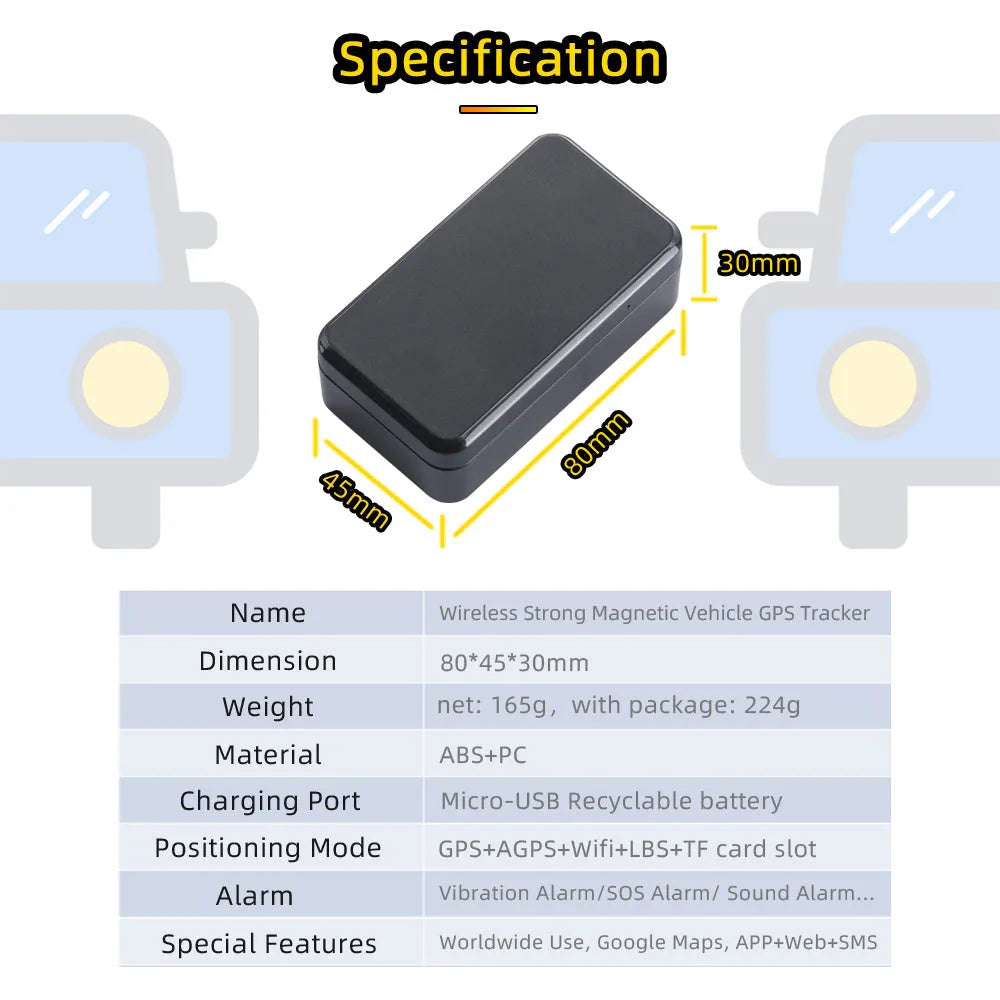 Black GPS vehicle wireless locator with ABS casing and dry battery power