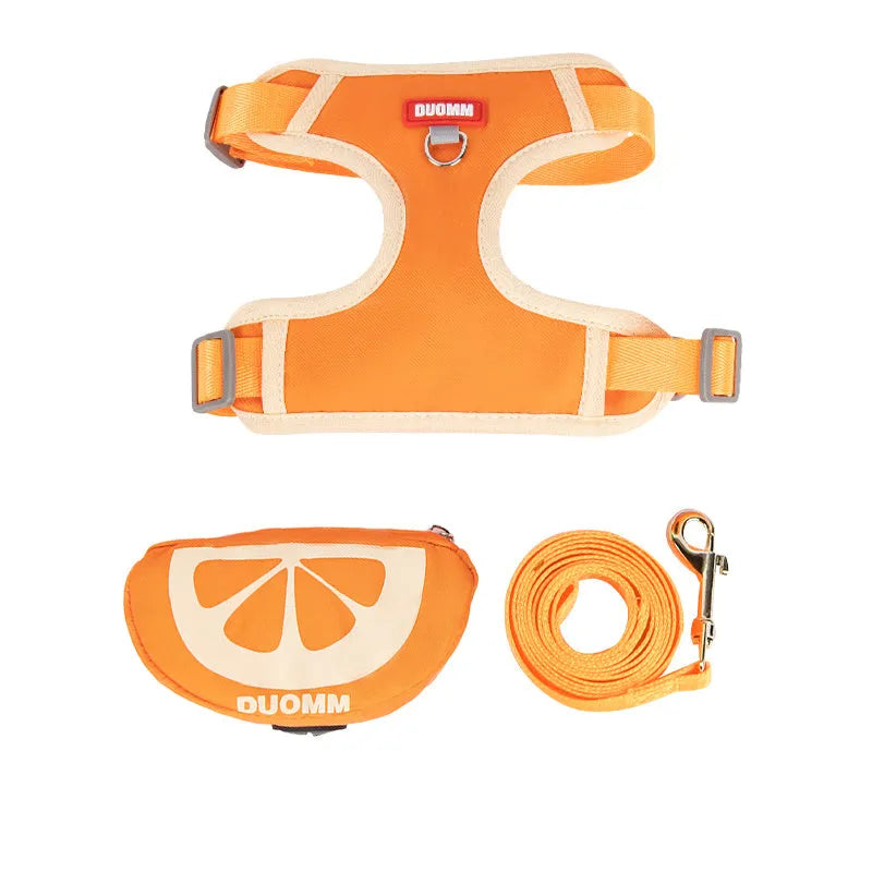 Fruit-themed pet backpack and matching anti-slip chest harness set for dogs and cats