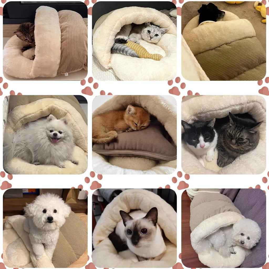 Slipper-shaped cat bed with corduroy exterior shown in closed cave configuration and opened flat position