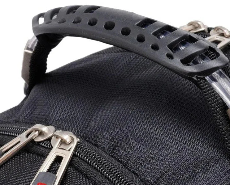 Black 38-litre business laptop backpack with multiple compartments open, showing organiser pockets.