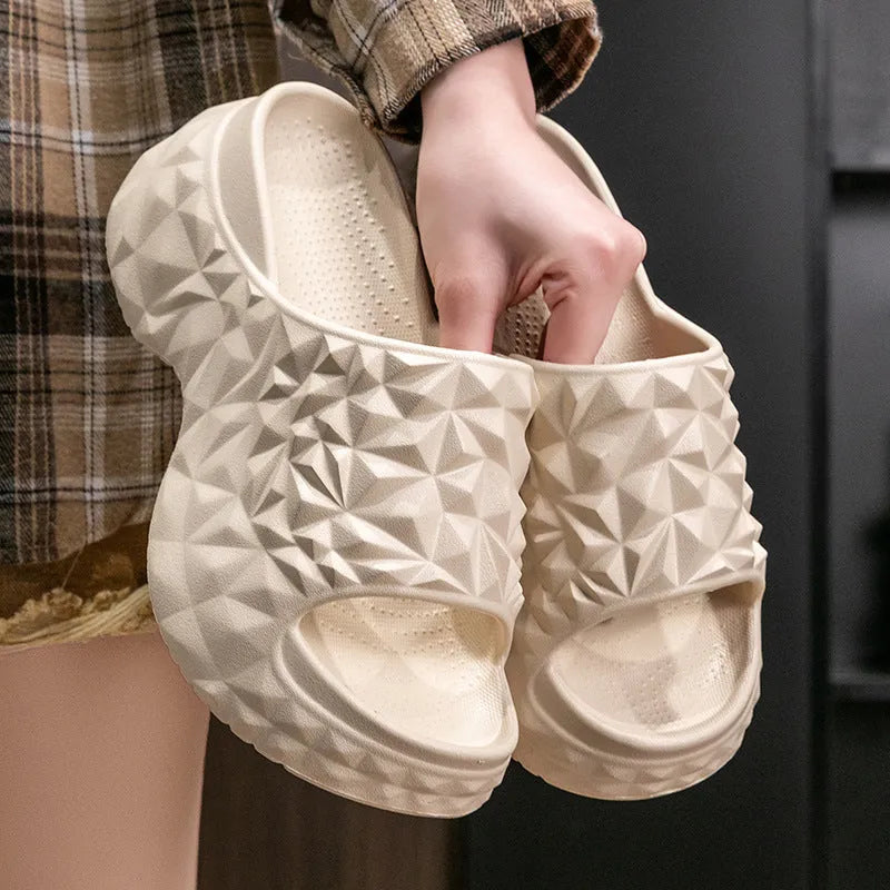 Women's khaki high heel flip flop slippers with a thick moulded EVA sole.