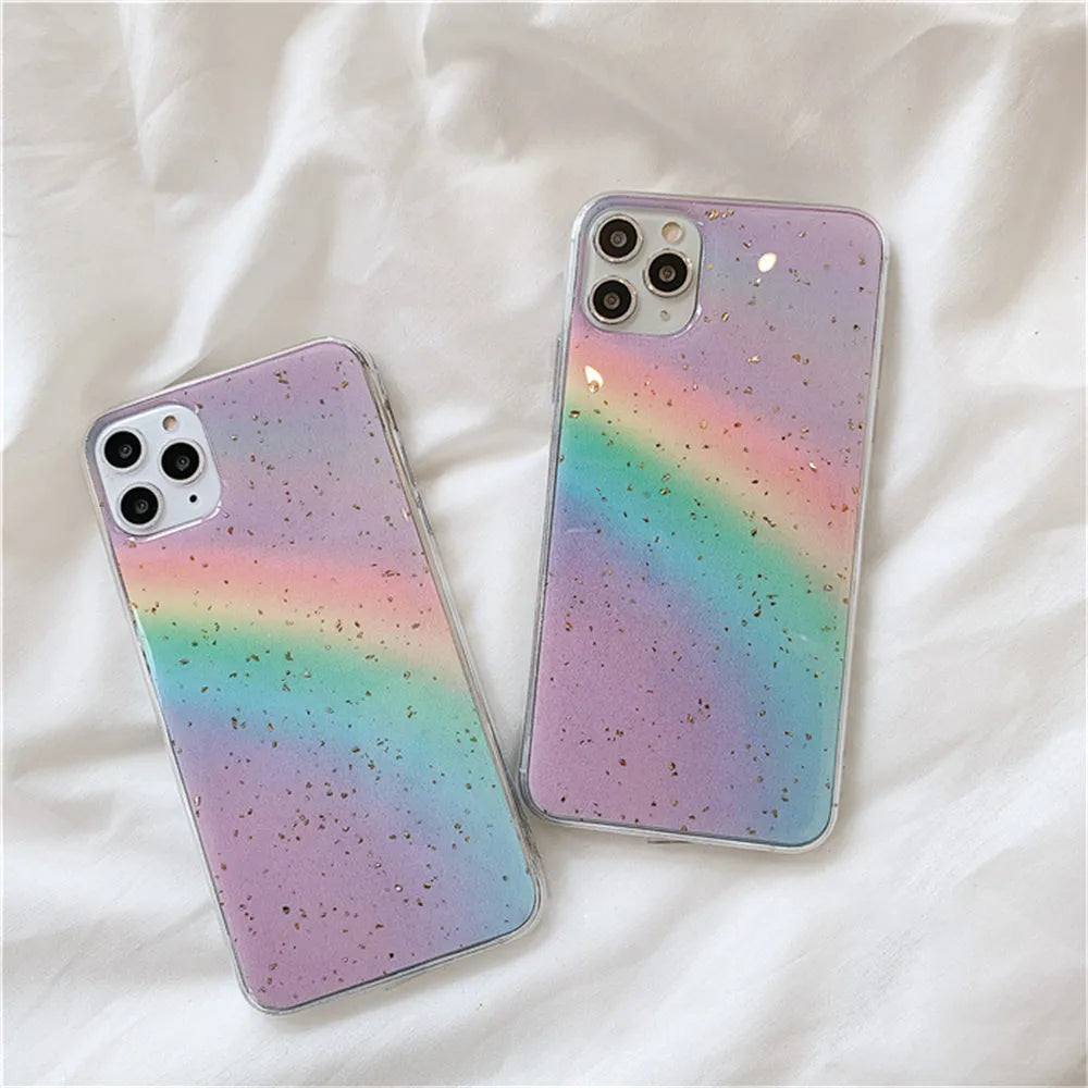Rainbow gradient striped TPU protective case for iPhone, showing Japanese-Korean style design.
