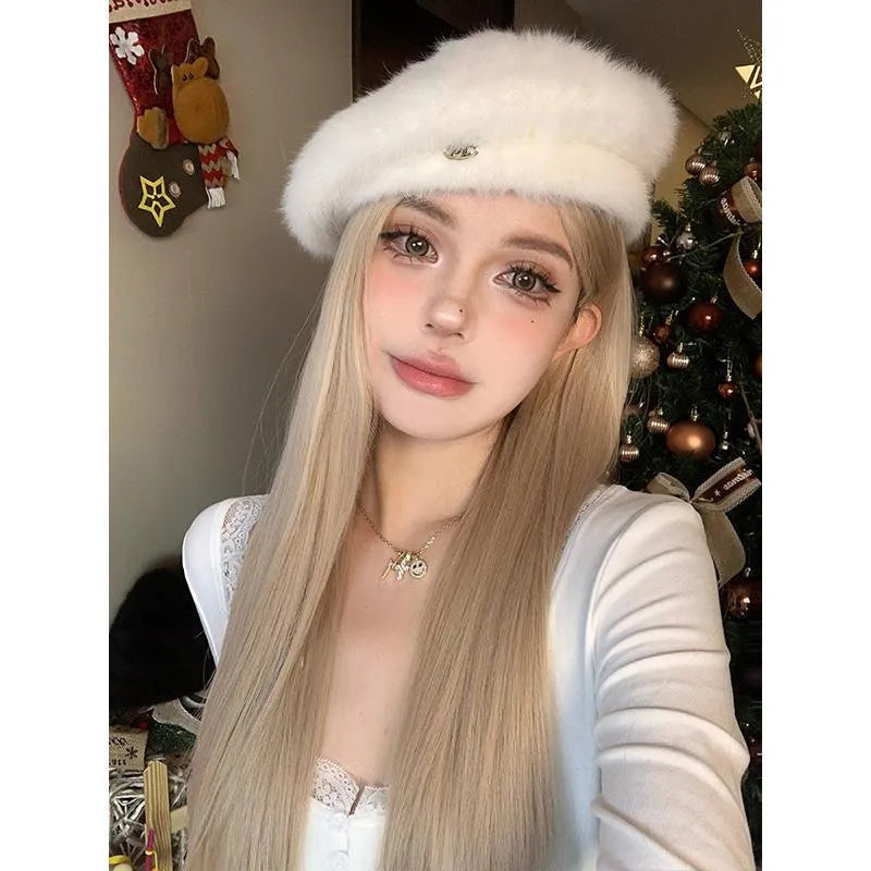Long straight synthetic wig in milk tea blonde gold colour with hair net on display