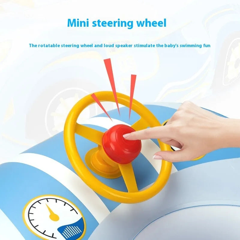 Pink cartoon sports car inflatable swimming ring with steering wheel for children